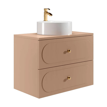 Meuble de salle de bain suspendu cannelé avec vasque à poser ronde - Rose poudré - 80 cm - SATOBAL