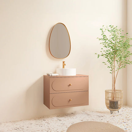 Meuble de salle de bain suspendu cannelé avec vasque à poser ronde - Rose poudré - 80 cm - SATOBAL