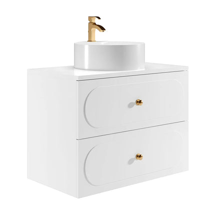 Meuble de salle de bain cannelé avec vasque à poser ronde - Blanc - 80 cm - SATOBAL