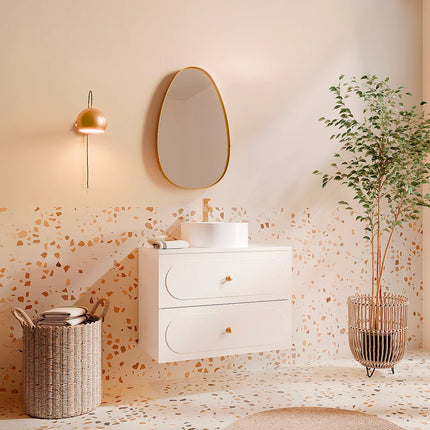 Meuble de salle de bain cannelé avec vasque à poser ronde - Blanc - 80 cm - SATOBAL