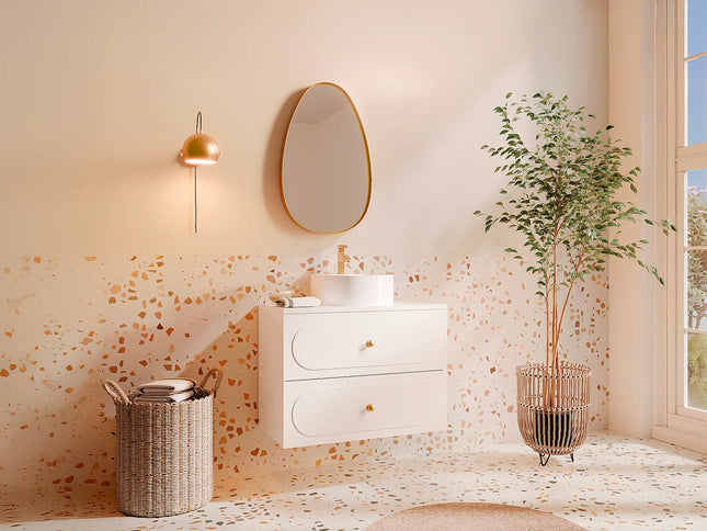Meuble de salle de bain cannelé avec vasque à poser ronde - Blanc - 80 cm - SATOBAL