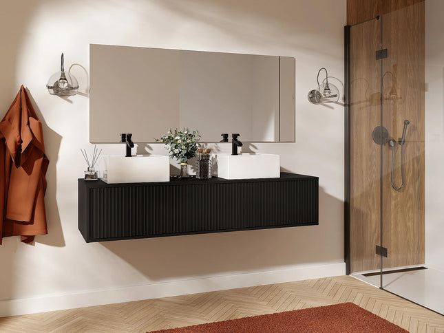 Meuble de salle de bain suspendu strié avec double vasque à poser - Noir - 150 cm - Good for Planet