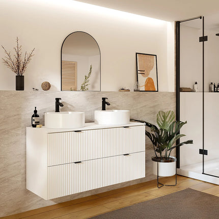 Meuble de salle de bain strié avec double vasque à poser ronde - Blanc - 120 cm - Good for Planet