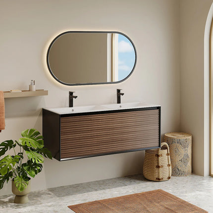 Meuble de salle de bain strié suspendu avec vasque à encastrer - Naturel foncé et noir - 120 cm - Les éphémères