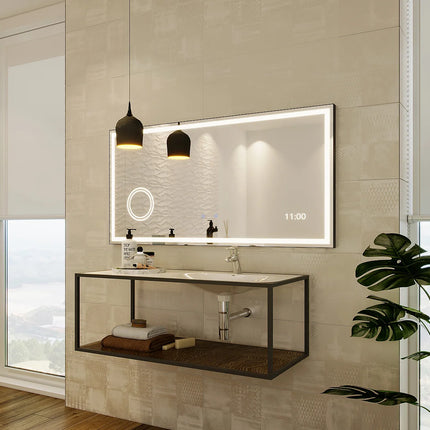 Miroir lumineux avec horloge digitale - Noir - 120 cm - Les Astucieux