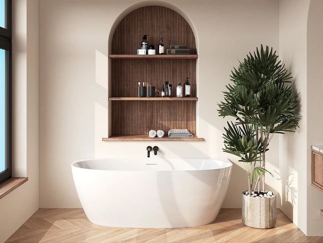 Baignoire semi-îlot ovale brillante avec bonde clic-clac - Blanche - 80 cm - AMOSARI