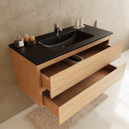 Meuble suspendu contemporain avec vasque marbre minéral noir - Chêne - 100 cm - Marenza