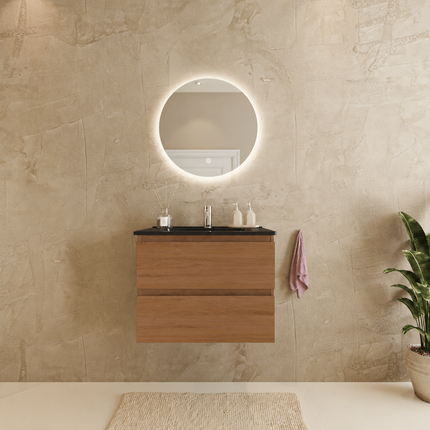 Meuble de salle de bains suspendu finition chêne chaud avec vasque en marbre minéral noir - 60 cm - Marenza