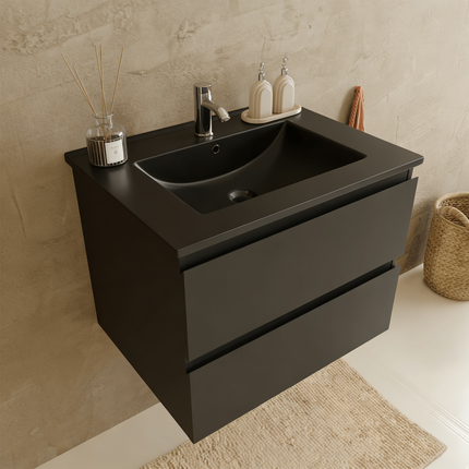 Meuble de salle de bain suspendu mat noir avec vasque en marbre minéral noire - 60 cm - Marenza