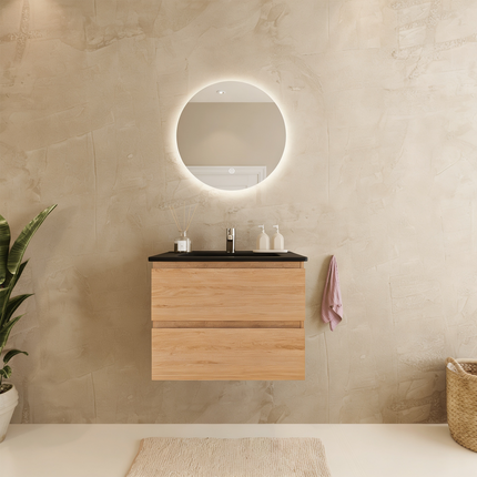 Meuble de salle de bain suspendu design contemporain avec vasque en marbre minéral - noir et chêne clair - 60 cm - Marenza