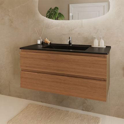 Meuble de salle de bain suspendu finition chêne chaud avec vasque en marbre minéral noire - 100 cm - Marenza