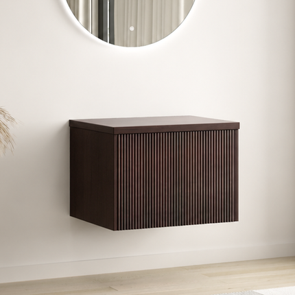 Meuble bas suspendu cannelé sans vasque - Noyer chaud - 60 cm - Messina