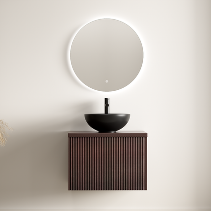 Meuble de salle de bains suspendu à nervures arrondies avec vasque céramique noire - Noyer - 60 cm - Messina