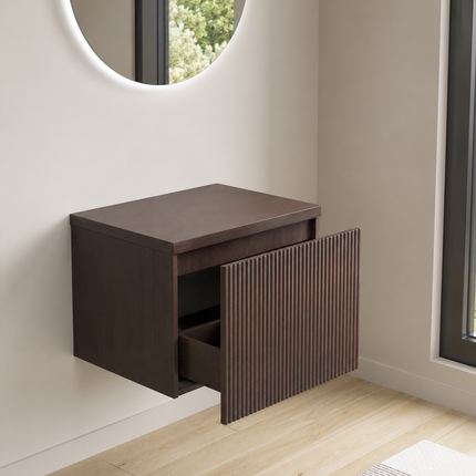 Meuble bas suspendu cannelé sans vasque - Noyer chaud - 60 cm - Messina