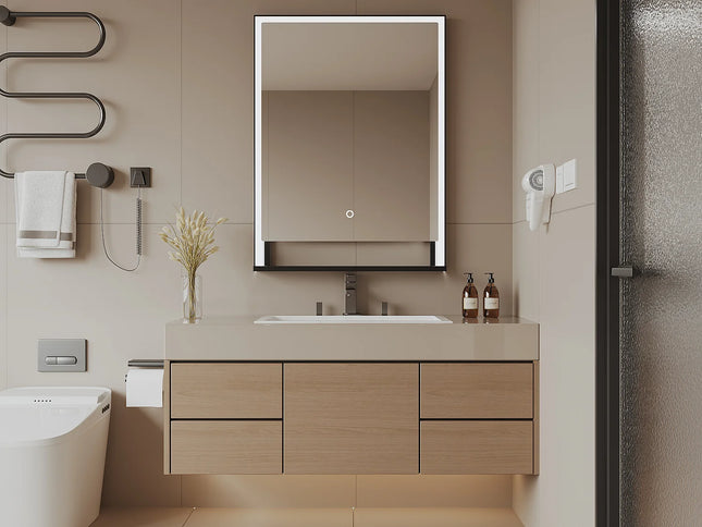 Miroir de salle de bain lumineux avec étagère intégrée - Noir mat - 60 cm - Les Astucieux