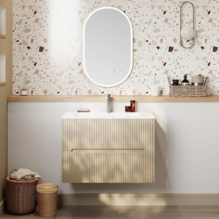 Meuble de salle de bain suspendu rainuré avec vasque à encastrer et miroir LED - Beige - 80 cm - PAVANI