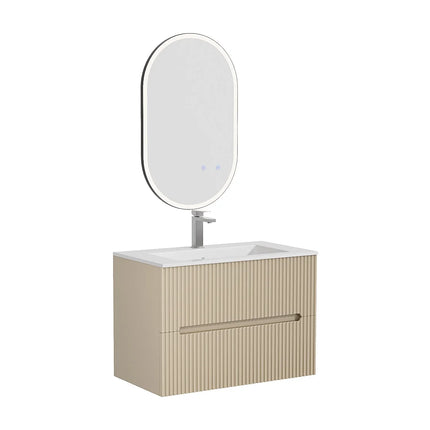 Meuble de salle de bain suspendu rainuré avec vasque à encastrer et miroir LED - Beige - 80 cm - PAVANI