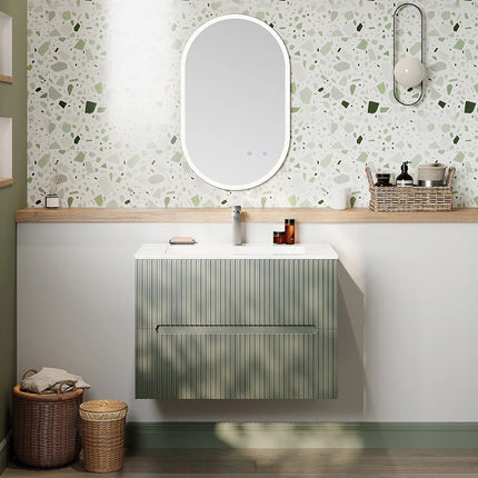Meuble de salle de bain suspendu rainuré avec vasque à encastrer et miroir LED - Bleu ciel - 80 cm - PAVANI
