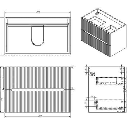 Meuble de salle de bain suspendu rainuré avec vasque à encastrer - Vert - 80 cm - PAVANI