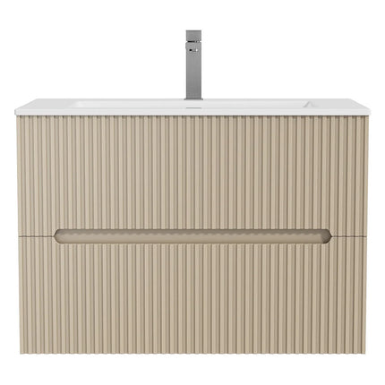 Meuble de salle de bain suspendu rainuré avec vasque à encastrer et miroir LED - Beige - 80 cm - PAVANI