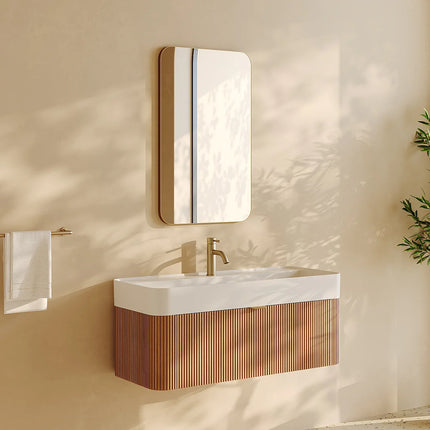 Meuble de salle de bain suspendu en placage frêne avec vasque à encastrer en résine blanc mat - Naturel clair - 100 cm - Espace pro