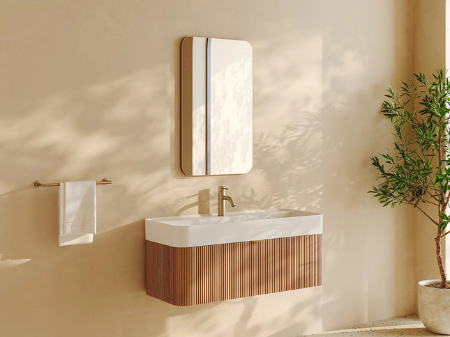 Meuble de salle de bain suspendu en placage frêne avec vasque à encastrer en résine blanc mat - Naturel clair - 100 cm - Espace pro