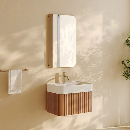 Meuble de salle de bain suspendu en placage frêne avec vasque à encastrer en résine blanc mat - Naturel clair - 60 cm - Espace pro