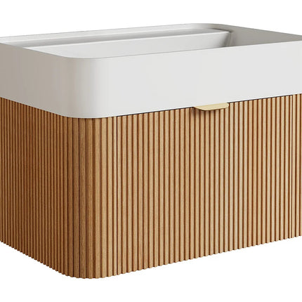 Meuble de salle de bain suspendu en placage frêne avec vasque à encastrer en résine blanc mat - Naturel clair - 60 cm - Espace pro