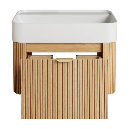 Meuble de salle de bain suspendu en placage frêne avec vasque à encastrer en résine blanc mat - Naturel clair - 60 cm - Espace pro
