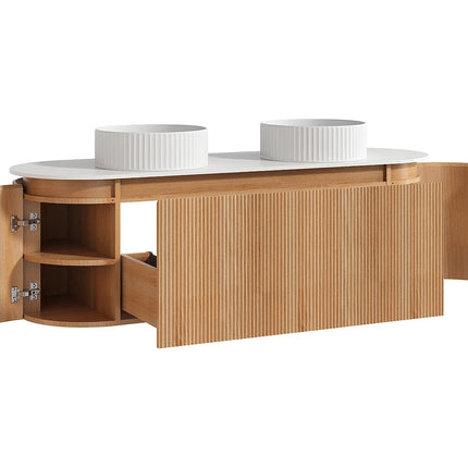 Meuble de salle de bain suspendu strié avec double vasque à poser ronde - Naturel clair - 150 cm - LILIKO