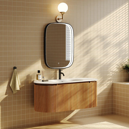 Meuble de salle de bain suspendu strié avec vasque à encastrer en résine blanc mat - Naturel clair - 120 cm - LILIKO