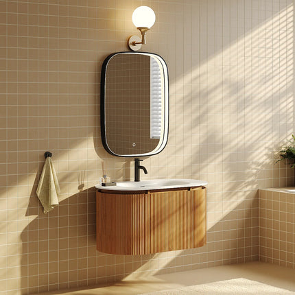 Meuble de salle de bain suspendu strié avec vasque à encastrer en résine blanc mat - Naturel clair - 90 cm - LILIKO