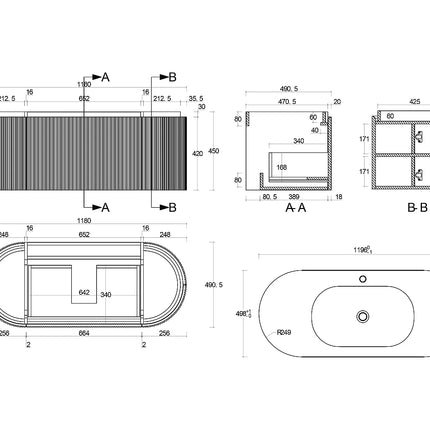 Meuble de salle de bain suspendu strié avec vasque à encastrer en résine blanc mat - Naturel clair - 120 cm - LILIKO