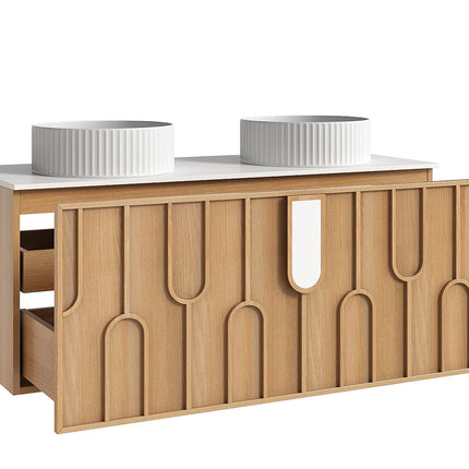 Meuble de salle de bain texturé suspendu avec double vasque à poser ronde - Naturel clair - 120 cm - MERKAN
