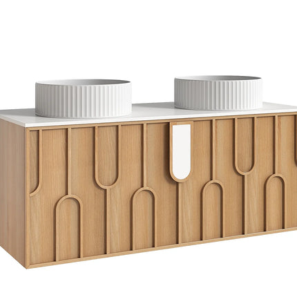 Meuble de salle de bain texturé suspendu avec double vasque à poser ronde - Naturel clair - 120 cm - MERKAN