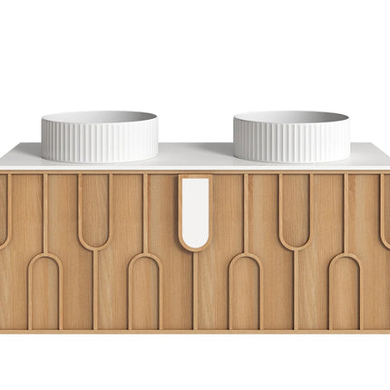 Meuble de salle de bain texturé suspendu avec double vasque à poser ronde - Naturel clair - 120 cm - MERKAN