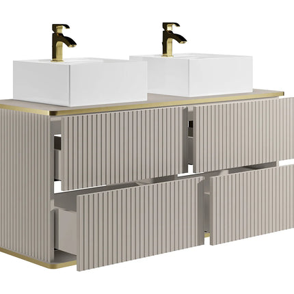 Meuble de salle de bain suspendu rainuré avec double vasque à poser carrée - Beige - 120 cm - KELIZA