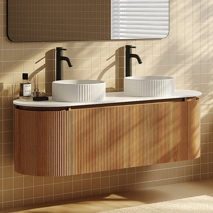 Meuble de salle de bain suspendu strié avec double vasque à poser ronde - Naturel clair - 150 cm - LILIKO