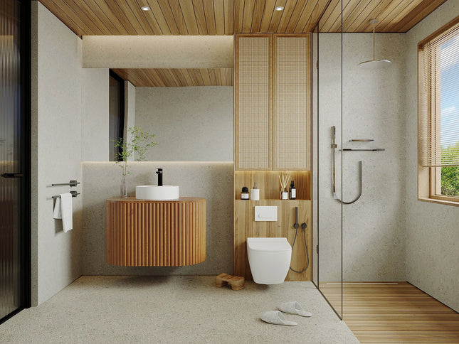 Meuble sous vasque suspendu rainuré avec porte push to open - naturel clair - 90 cm - TOWARI