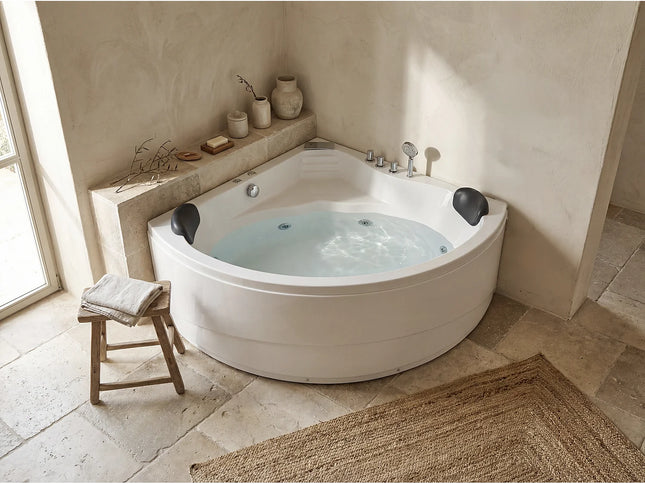 Baignoire balnéo d'angle gauche avec système de cascade - Blanc - 150 cm - AGLENA