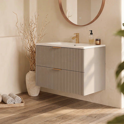 Meuble de salle de bain rainuré avec vasque à encastrer - Beige - 80 cm - ZEVARA