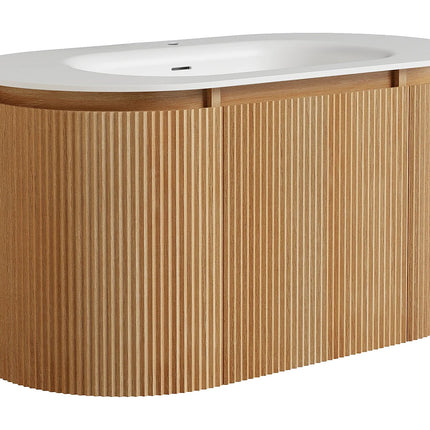 Meuble de salle de bain suspendu strié avec vasque à encastrer en résine blanc mat - Naturel clair - 90 cm - LILIKO
