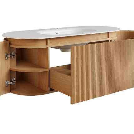 Meuble de salle de bain suspendu strié avec vasque à encastrer en résine blanc mat - Naturel clair - 120 cm - LILIKO
