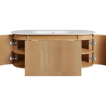 Meuble de salle de bain suspendu strié avec vasque à encastrer en résine blanc mat - Naturel clair - 120 cm - LILIKO