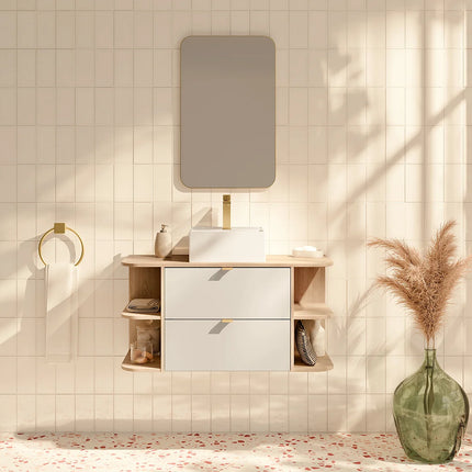 Meuble de salle de bain suspendu avec vasque à poser carrée - Beige et naturel clair - 60 cm - LAVENA