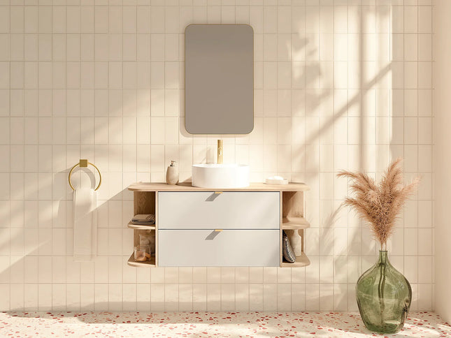 Meuble de salle de bain suspendu avec vasque à poser ronde - Beige et naturel clair - 80 cm - LAVENA