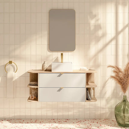 Meuble de salle de bain suspendu avec vasque à poser carrée - Beige et naturel clair - 80 cm - LAVENA