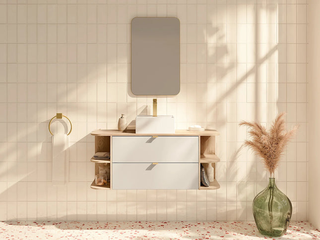 Meuble de salle de bain suspendu avec vasque à poser carrée - Beige et naturel clair - 80 cm - LAVENA