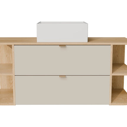 Meuble de salle de bain suspendu avec vasque à poser carrée - Beige et naturel clair - 80 cm - LAVENA