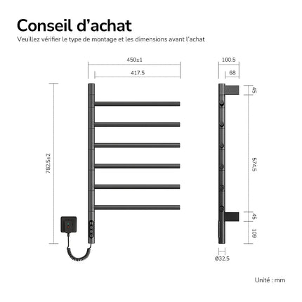 Sèche-serviettes électrique pivotant 180° - Gris - 45 cm - EMKE